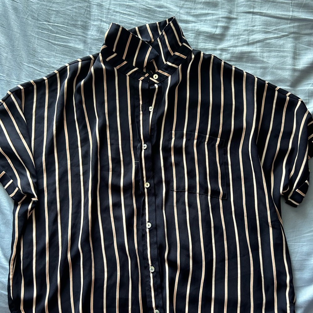 Elegant Black and Cream Striped Women's Button Down Shirt